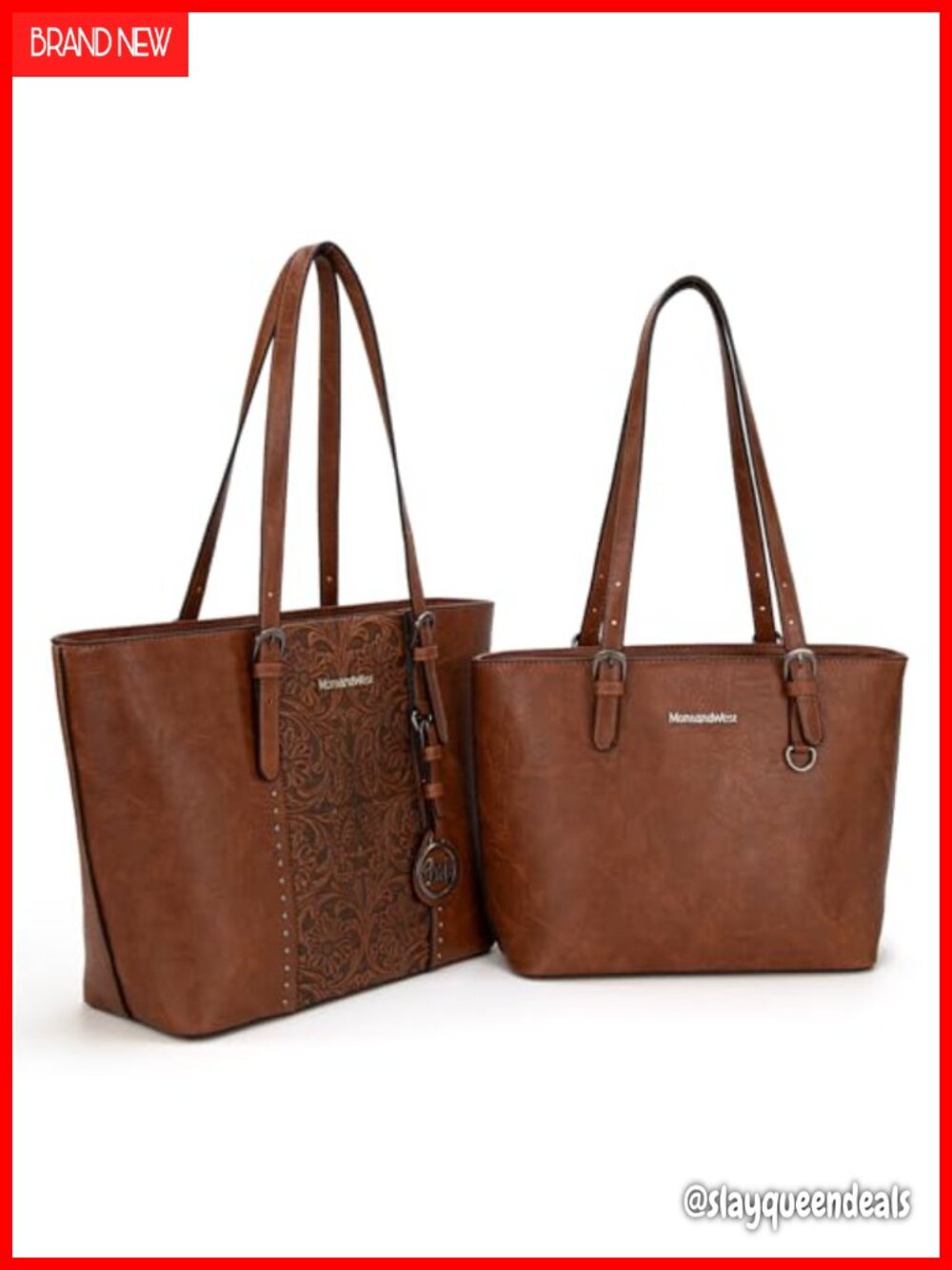 Vegan Leather Tote Purse 2Pc Set Handbags Embossed Floral Trapezoid Silver